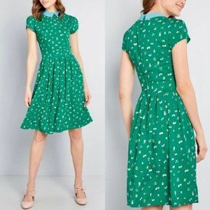 ModCloth Original Take Bug Insect Print Green Collared Dress (US M)
